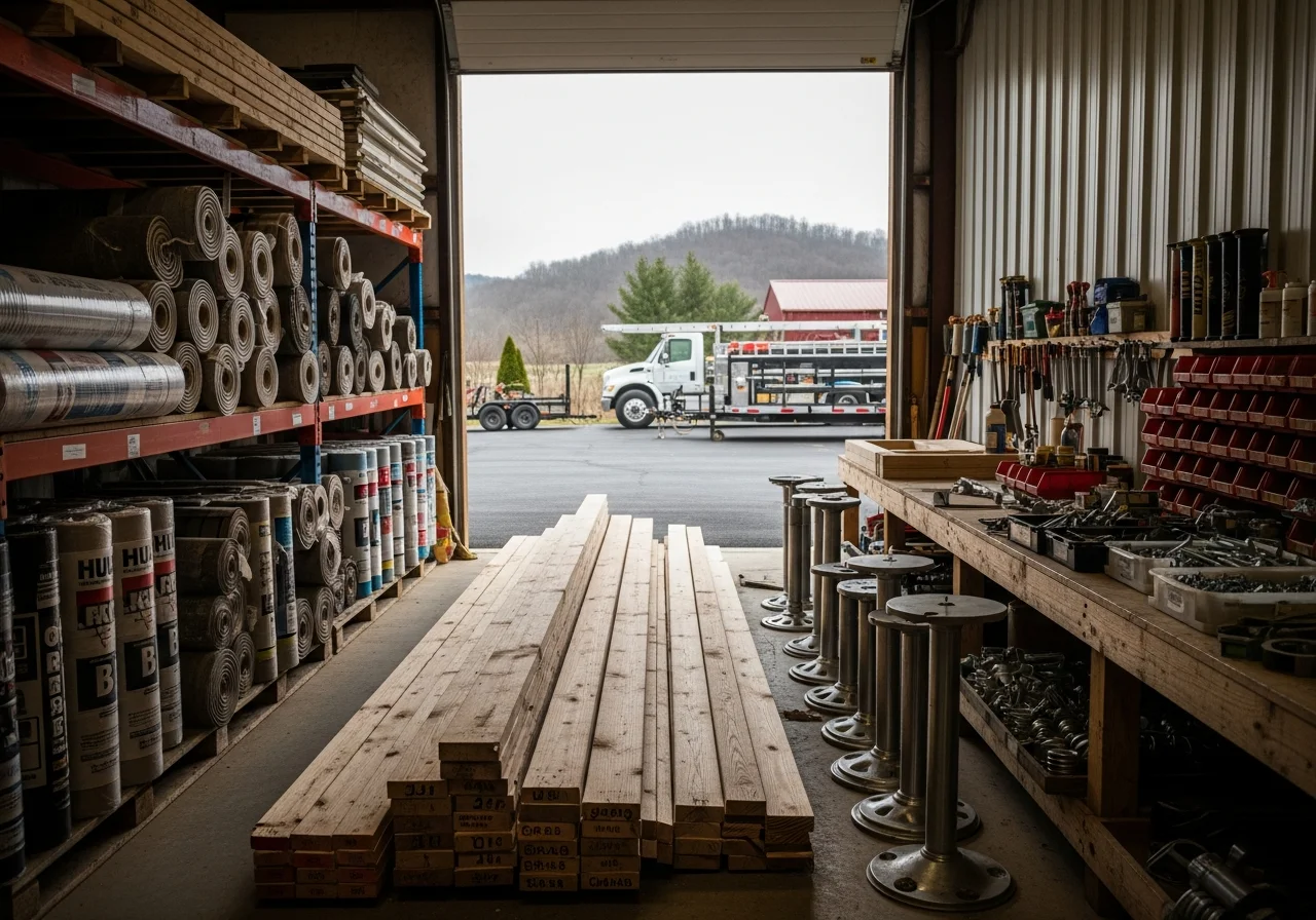 Construction crew and tools ready for roofing, framing, and deck projects. Shop floor with materials and equipment.