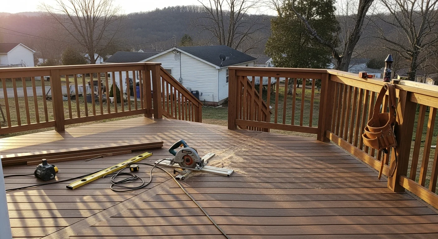 Newly built wooden deck attached to residential home
