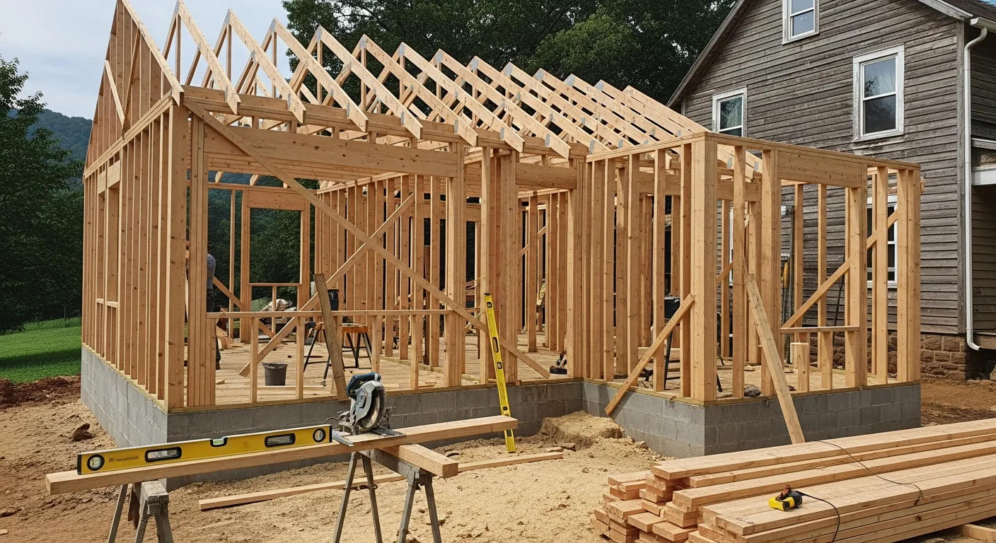 Wooden framing structure of residential home under construction