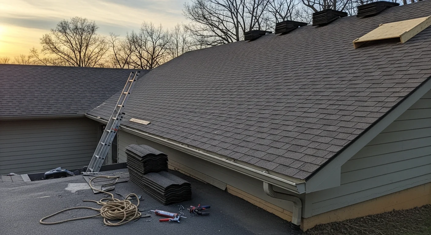 Roofer installing shingles on residential home