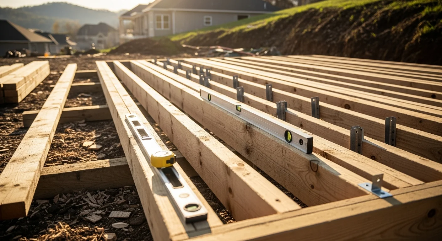 Wood stud wall framing for a residential room addition under construction on a hillside property in Beckley, WV. New exterior wall frames and floor joists are visible against the existing home structure.