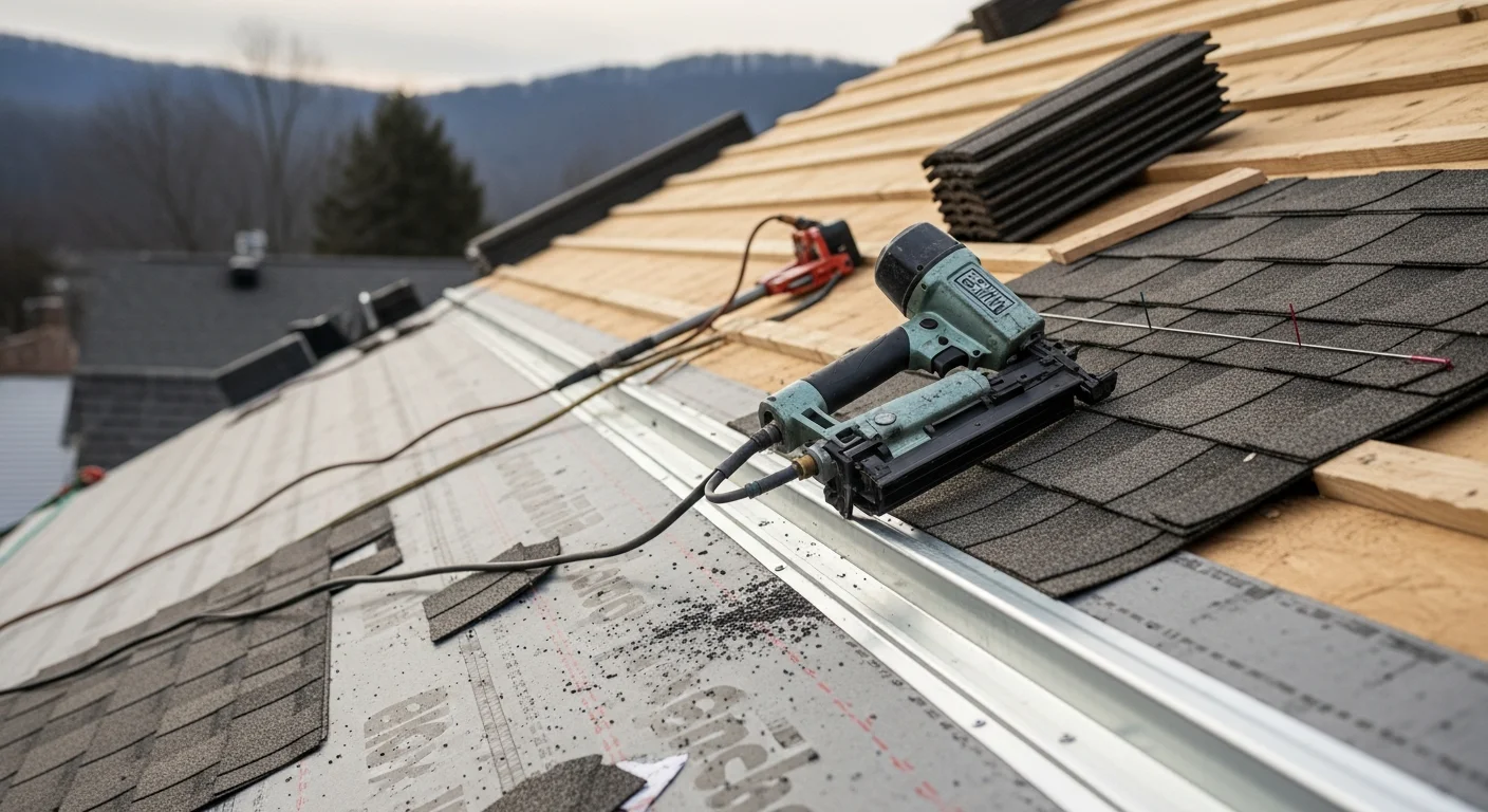A completed asphalt shingle roof installation on a single-family home in Beckley, WV, showing uniform shingle lines, finished ridge cap, and properly sealed flashing at the valleys. The surrounding Appalachian hillside is visible in the background.
