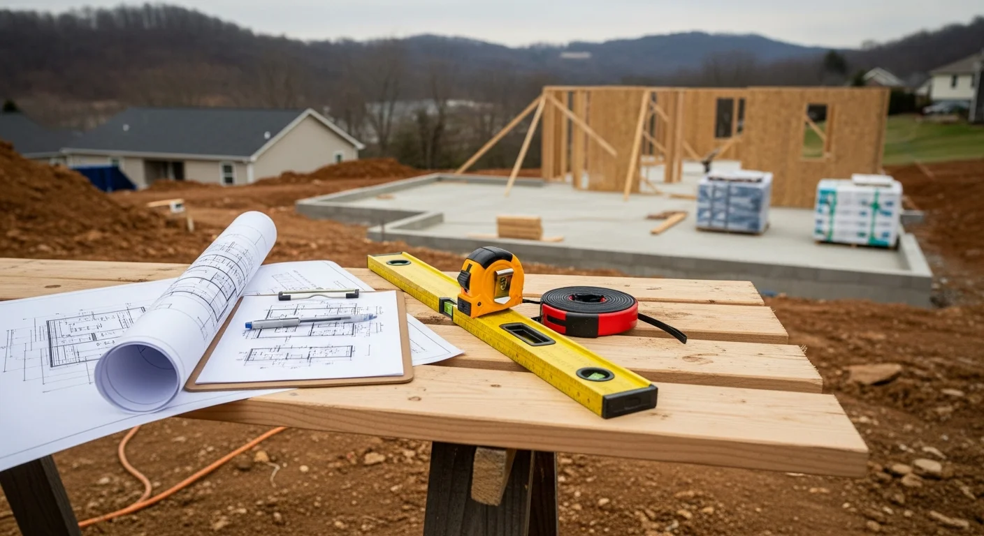A general contractor reviewing construction plans on an active job site in Beckley, WV, with a framed commercial building structure visible in the background. A project manager in a hard hat holds a clipboard while coordinating with a subcontractor on site.