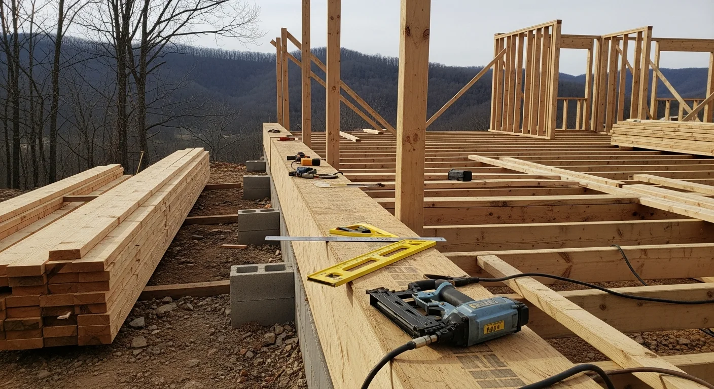 Exposed wood framing of a residential structure under construction in Beckley, WV, showing floor joists, wall studs, and roof framing against an overcast Appalachian sky. A framing contractor reviews structural layout on site before wall sheathing is applied.