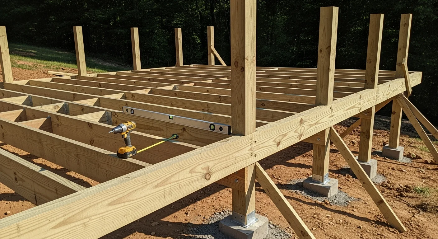 A newly built wood-framed deck attached to a residential home in Beckley, WV, with railings and steps extending over a sloped backyard. The deck structure shows level framing and finished decking boards on a hillside lot typical of southern West Virginia.