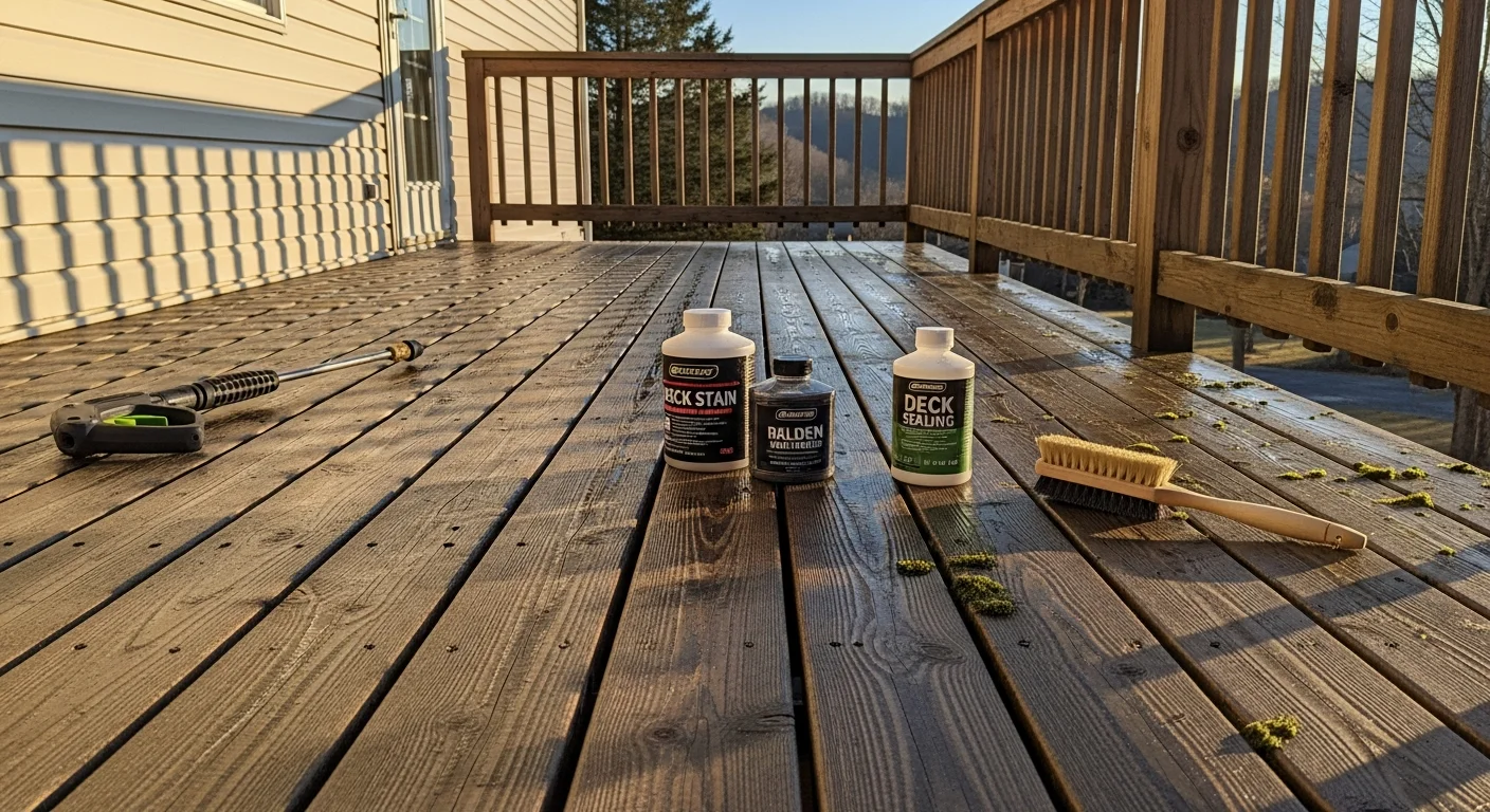 A wood deck on a Beckley, WV home after professional maintenance, showing a clean surface with fresh sealant and repaired railings. The deck is free of mold, gray weathering, and peeling finish.