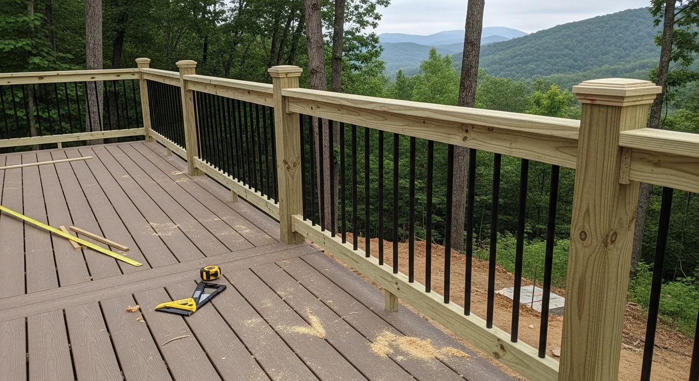 Newly installed deck railing with evenly spaced balusters and secure corner posts on a residential deck in Beckley, WV. The railing runs along an elevated deck overlooking a sloped, wooded backyard typical of southern West Virginia homes.