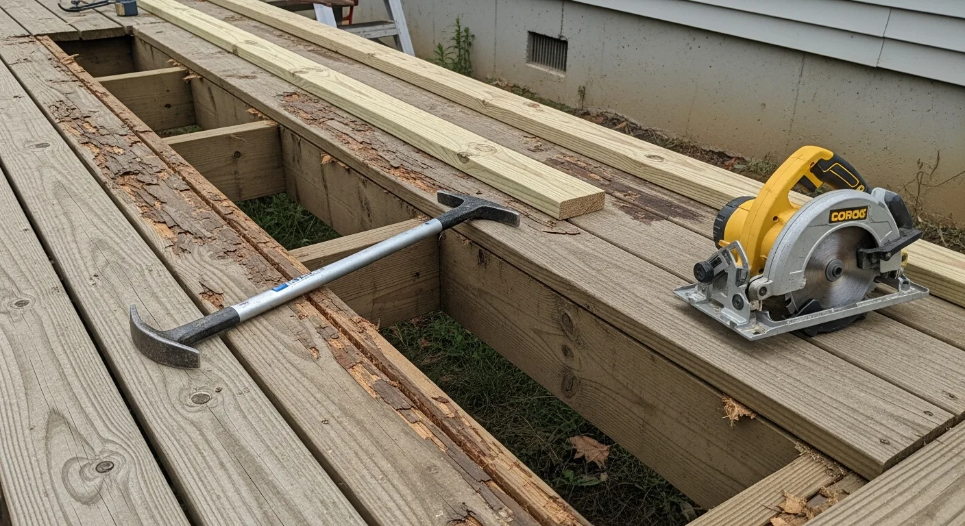 A repaired wood deck on a residential home in Beckley, WV, showing replaced deck boards and reinforced railing posts. The surrounding hillside terrain and overcast sky reflect typical southern West Virginia outdoor conditions.