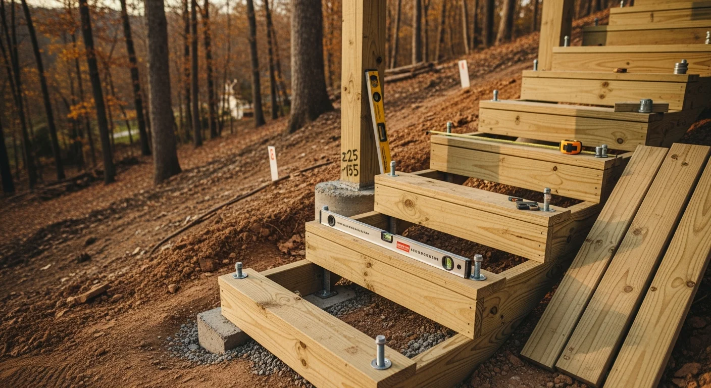 Newly installed wood deck stairs on a residential home in Beckley, WV, with a sloped backyard and secure handrail running the full length of the stairway. The stair stringers are anchored to the deck frame and the bottom landing sits level on the graded ground below.