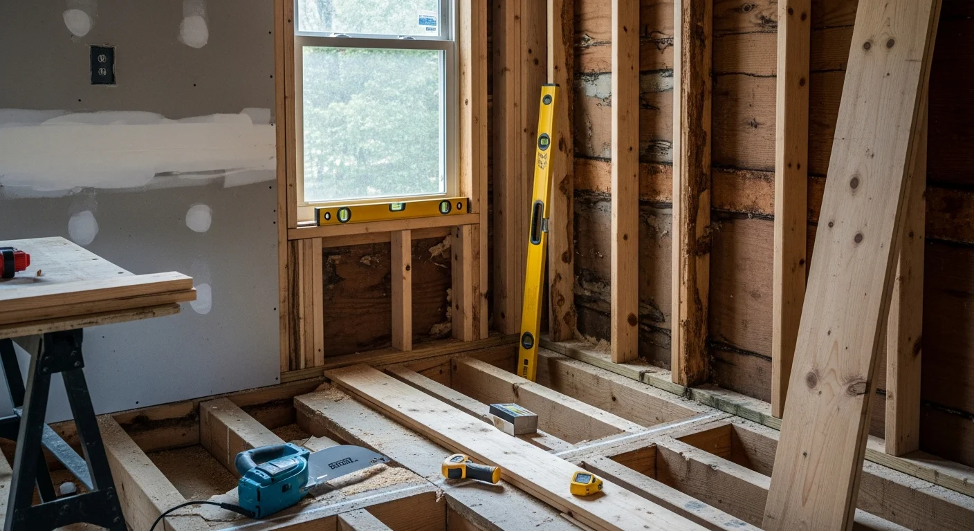 A framing contractor repairs damaged wall studs and floor joists inside a wood-frame home in Beckley, WV. Exposed framing members show replacement lumber being fitted alongside existing structure during a structural repair project.