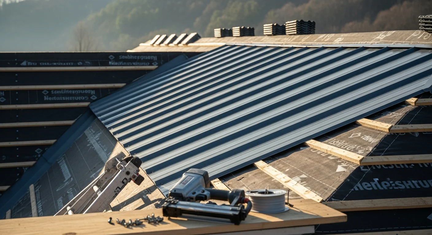 Completed metal roof installation on a residential home in Beckley, WV, showing interlocking metal panels fitted to a steep-pitch roofline. The surrounding landscape reflects the elevated, wooded terrain typical of southern West Virginia.