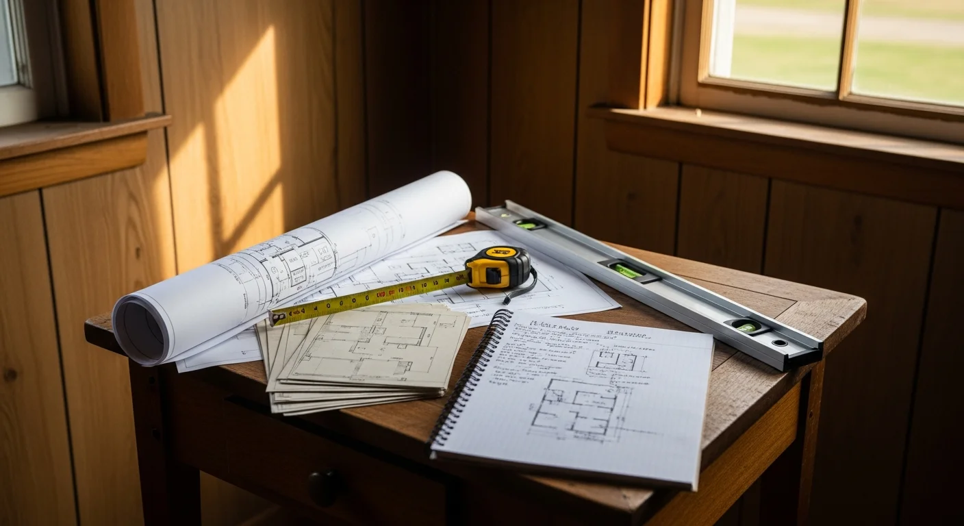 A JF Dunn Construction general contractor reviewing remodeling plans with a homeowner inside an older single-family home in Beckley, WV. The consultation takes place in a dated interior space slated for renovation.
