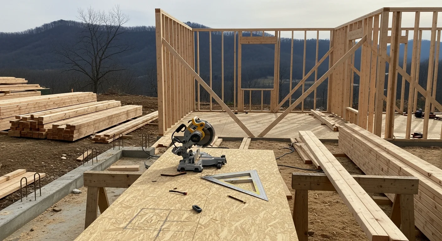 Residential wood framing in progress on a new single-family home in Beckley, WV, showing wall studs, floor joists, and roof framing against a hillside backdrop. A framing contractor reviews structural layout on site during the construction phase.