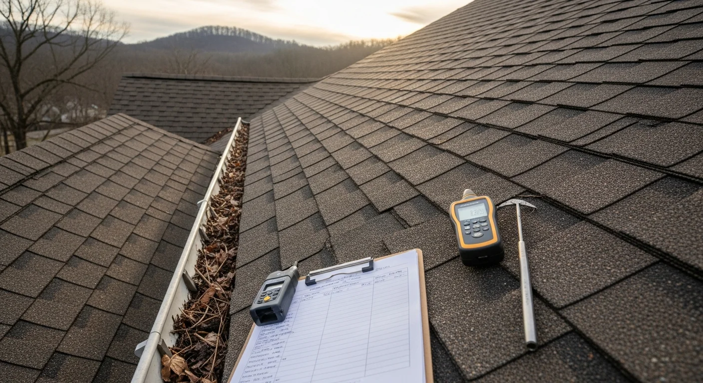 A roofing contractor from JF Dunn Construction, LLC inspecting shingles and flashing on a residential home in Beckley, WV. Close-up view of the roof surface showing the inspection process on a single-family home in a hillside neighborhood.