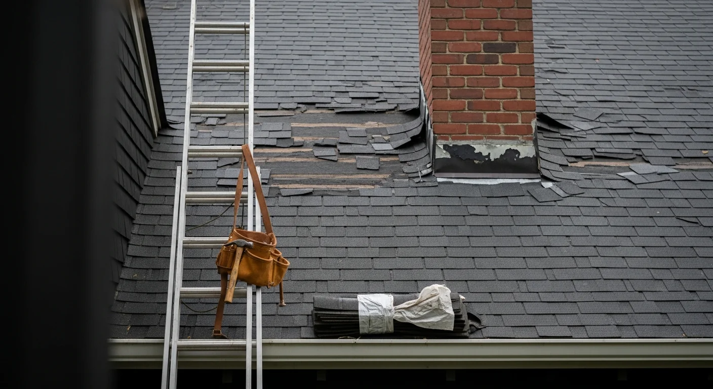 A roofing contractor repairing damaged shingles and flashing on a single-family home in Beckley, WV. Close-up view of the repaired roof section showing sealed flashing around a chimney on a residential pitched roof.