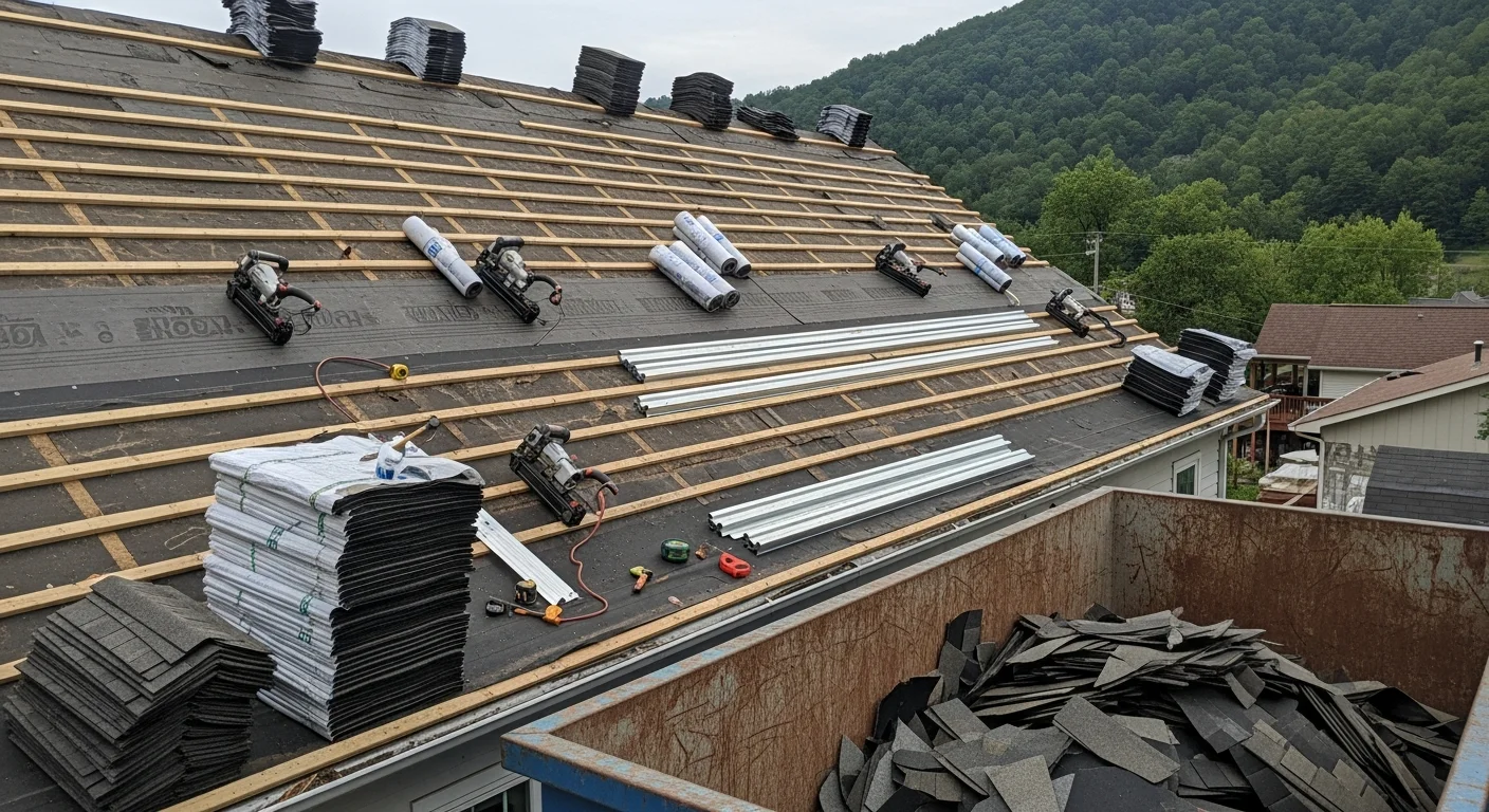A completed residential roof replacement on a two-story home in Beckley, WV, showing new roofing installed on a steep-pitch hillside lot. The surrounding landscape reflects the elevated terrain typical of Raleigh County, West Virginia.
