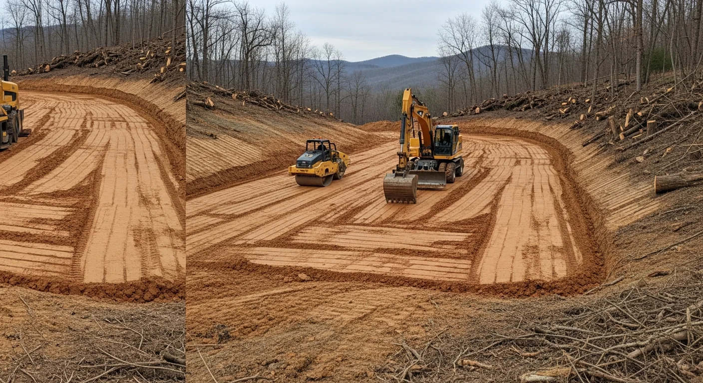A graded and cleared construction lot in Beckley, WV showing leveled soil and removed tree stumps ready for foundation work. The surrounding mountain terrain and wooded hillside are visible in the background.