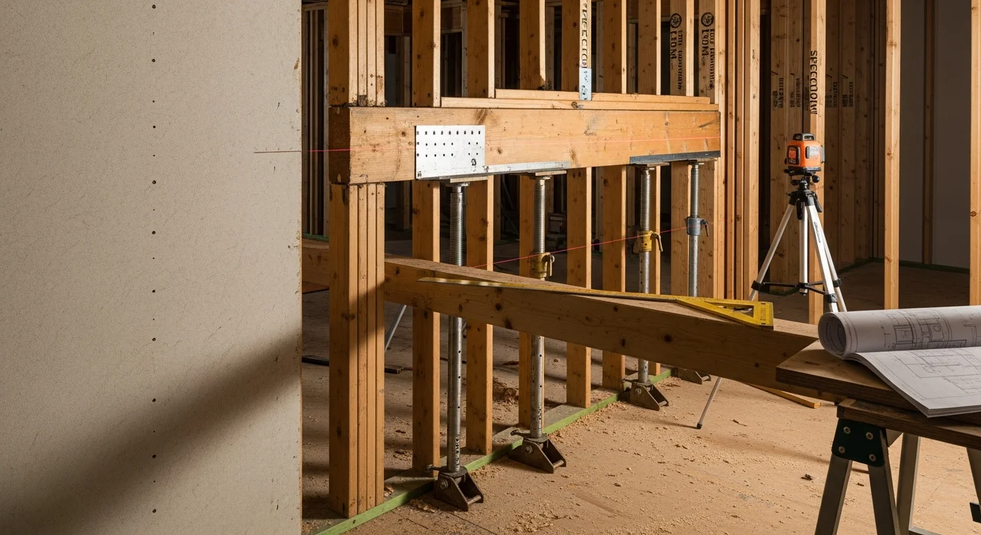 Interior framing of a Beckley, WV home mid-structural modification, showing a newly installed LVL header and temporary shoring posts where a load-bearing wall has been removed. Exposed stud framing and floor joists are visible in a single-story residential structure.